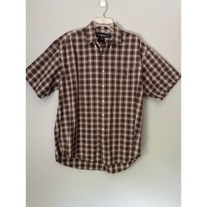 Ralph Lauren Blaire Mens Large Brown Blue Plaid Cotton Short Sleeve Button Down